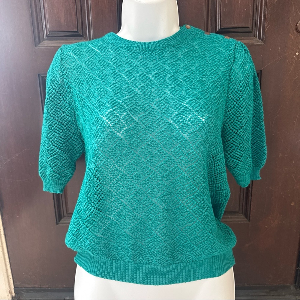 SOLD Vintage Short Sleeves Pullover Fancy Knit Sweater In Size Small; Teal Green